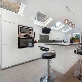 kitchen side return extension with rooflights and white gloss kitchen