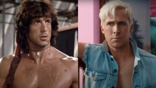 Sylvester Stallone in Rambo: First Blood Part II/ Ryan Gosling as Ken in Barbie (side by side)