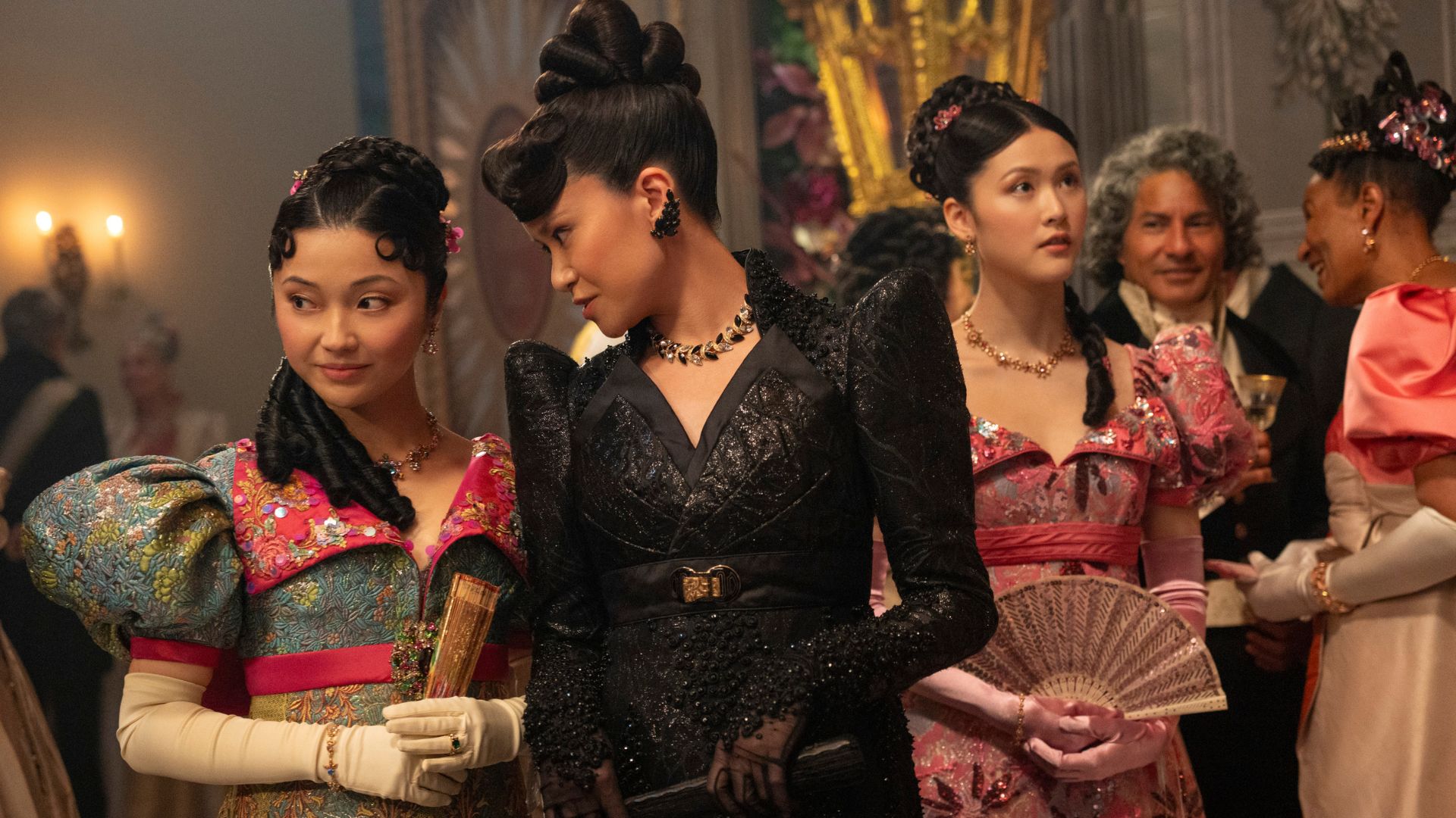 Araminta leans into Rosamund with Posy trailing behind