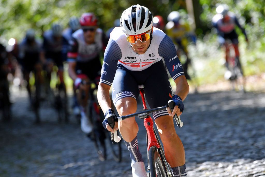TOURNAI BELGIUM SEPTEMBER 29 Edward Theuns of Belgium and Team Trek Segafredo attacks during the 80th Euromtropole Tour 2021 a 1776km race from La Louvire to Tournai Eurometrotour on September 29 2021 in Tournai Belgium Photo by Luc ClaessenGetty Images