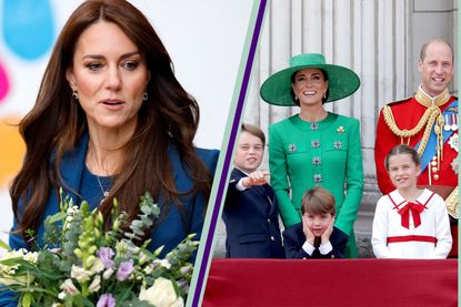 Kate Middleton portrait holding flowers split layout with Kate and William, Prince George, Charlotte and Louis on royal balcony