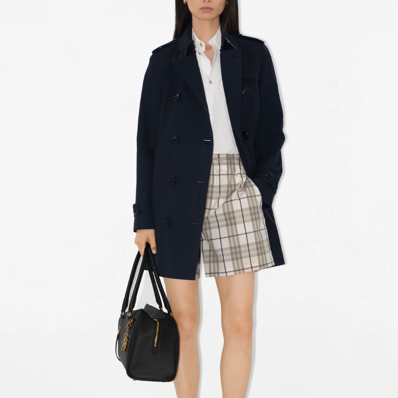 Burberry short Kensington trench coat on model 