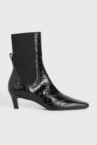 Croco-embossed Mid-heel Boots Black