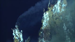 Black smoke from the top of a "chimney" in the Lau Basin in the western Pacific Ocean.