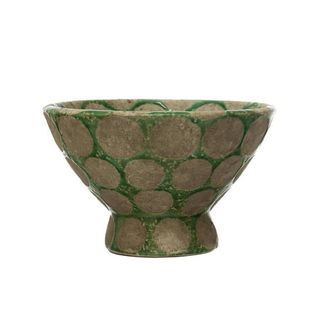 Creative Co-Op Round Terra-Cotta Footed Bowl With Wax Relief Dots, Green and Cement