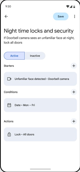 An example of the editor users will see when creating new automations in the Google Home app.