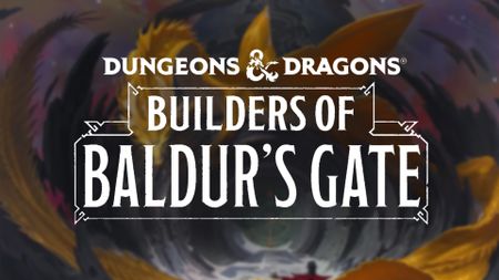 The Dungeons & Dragons: Builders of Baldur's Gate board game logo on a D&D dragon image