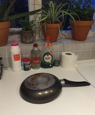 frying pan and items for cleaning hack