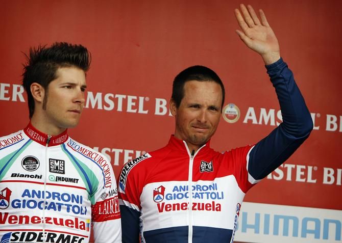 Dutch road champion Johnny Hoogerland waves to the crowd at the Amstel Gold Race