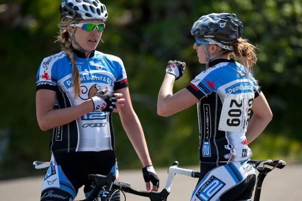 Allison Tetrick-Starnes (left) and Kristin McGrath (Peanut Butter &amp; Co Team Twenty12) discuss how the race unfolded.