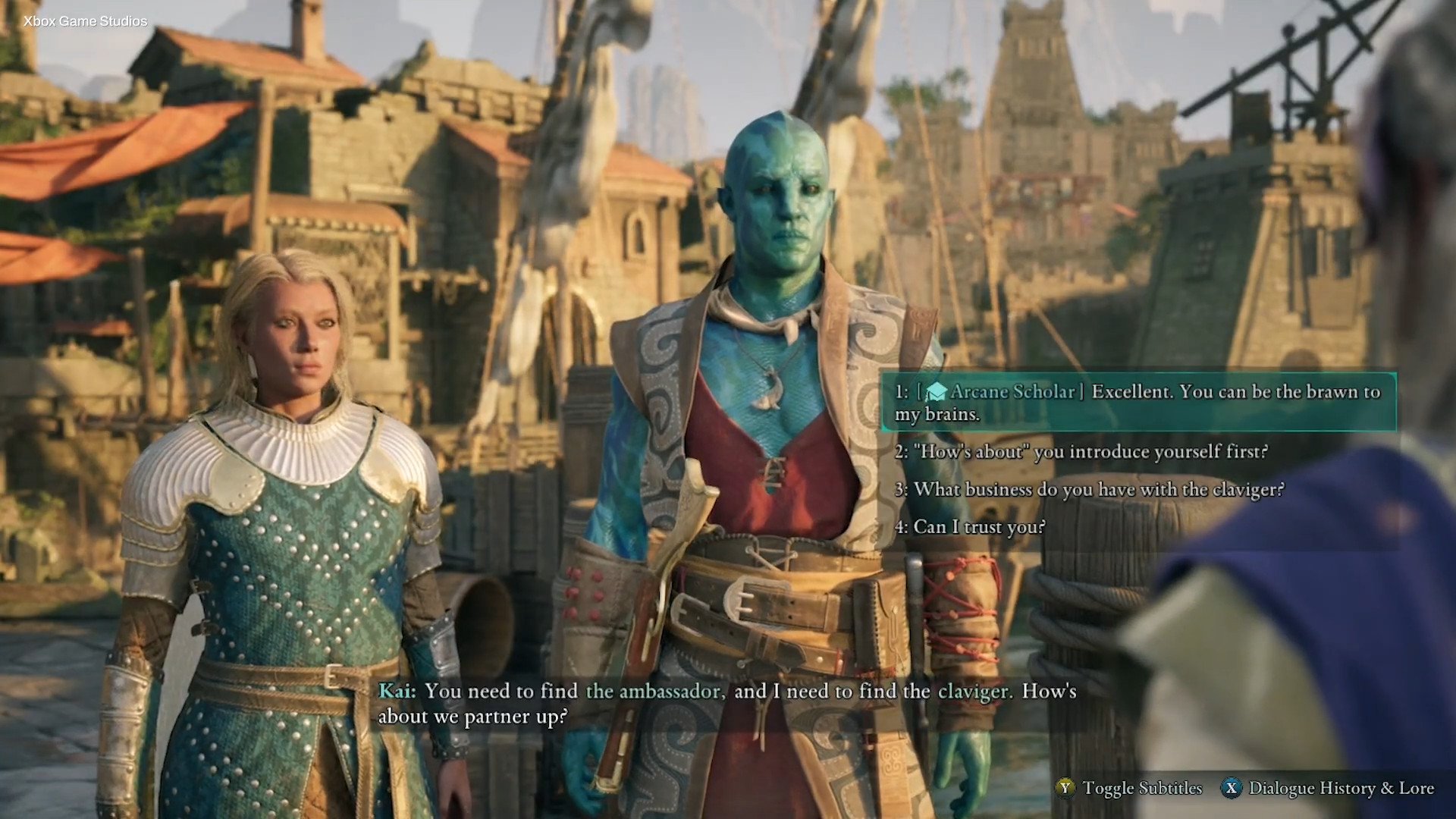 A shot of the player having to choice a dialouge option in the RPG Avowed.