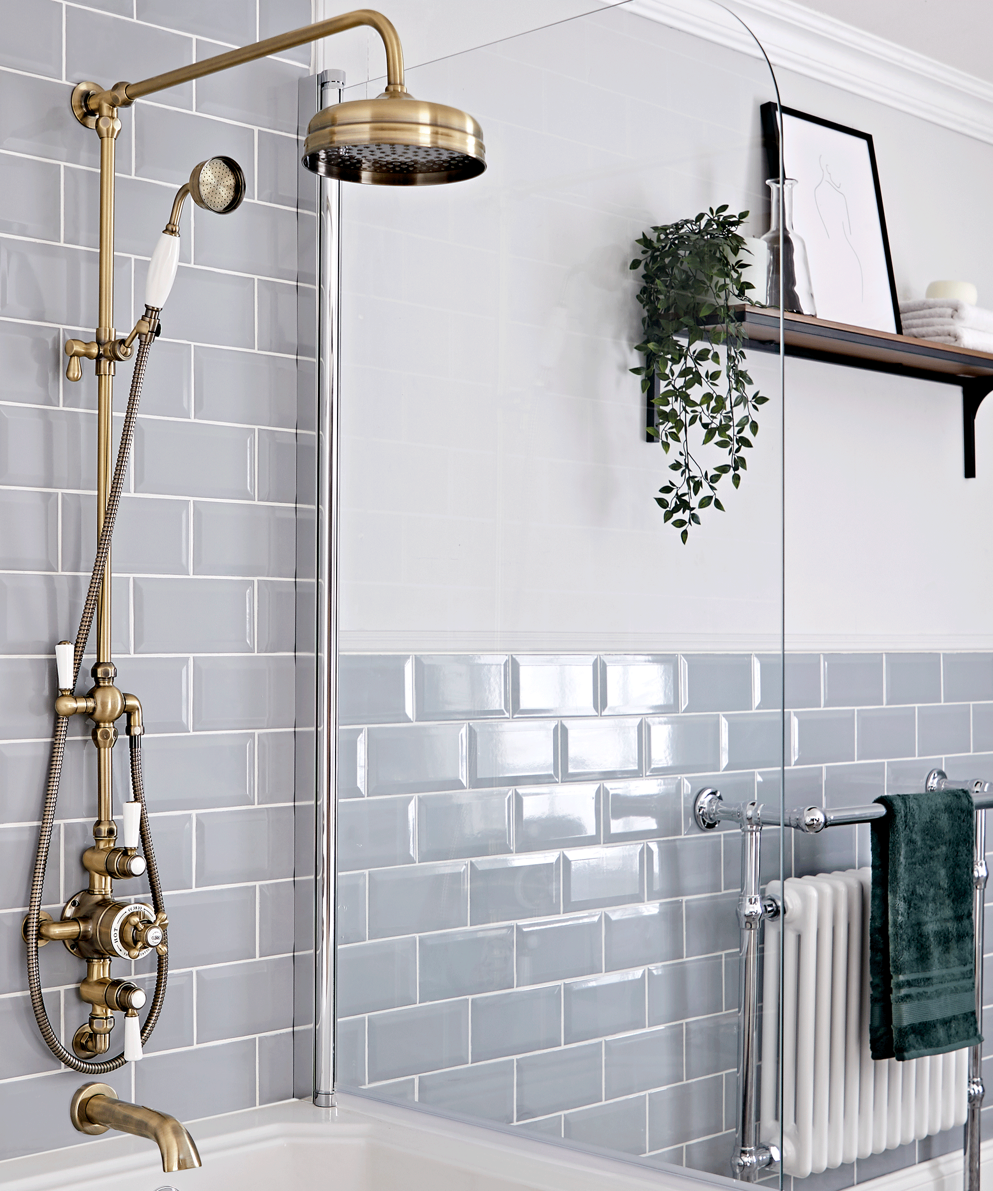 Traditional Exposed Thermostatic Shower in Brushed Gold on grey metro tiled bathroom wall
