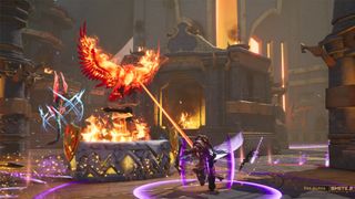 A small figure wreathed in a magical aura attacks a fiery bird in Smite 2.