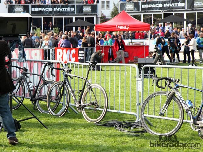 After an exceptionally long and hard day, the bikes of Fabian Cancellara (Trek Factory Racing, left), Niki Terpstra (Omega Pharma-QuickStep, center), and John Degenkolb (Giant-Shimano, right) can finally rest