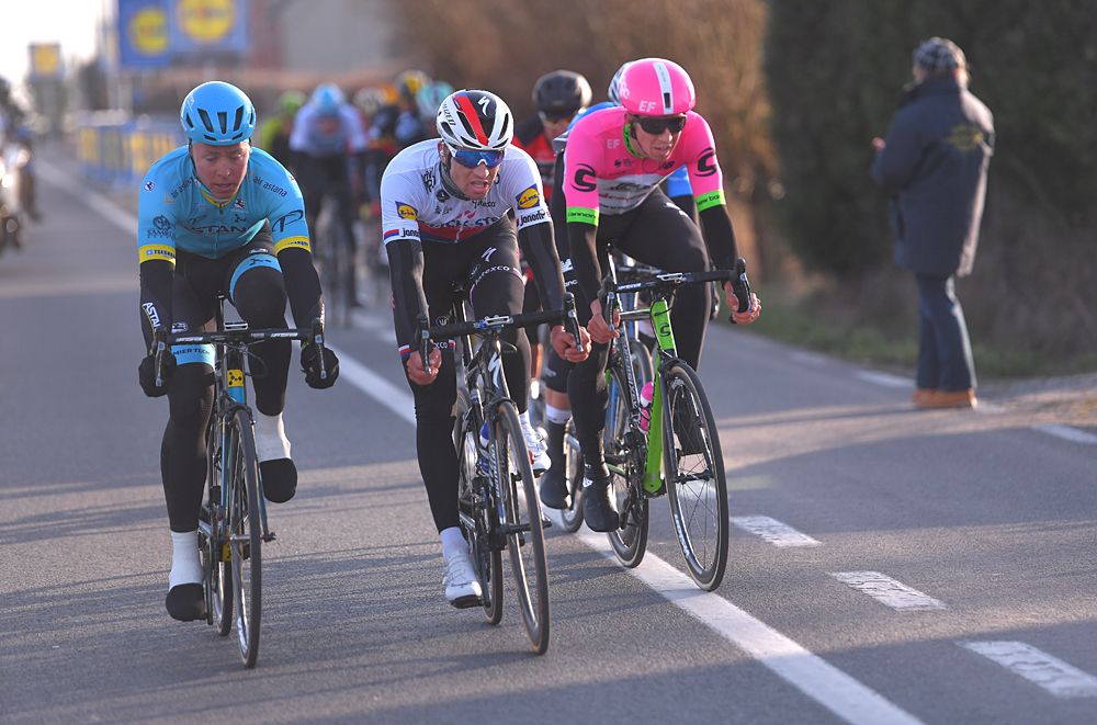 Michael Valgren (Astana) in the breakaway at Omloop Het Nieuwsblad Elite