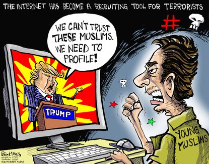 Political cartoon U.S. Donald Trump Muslim alienation