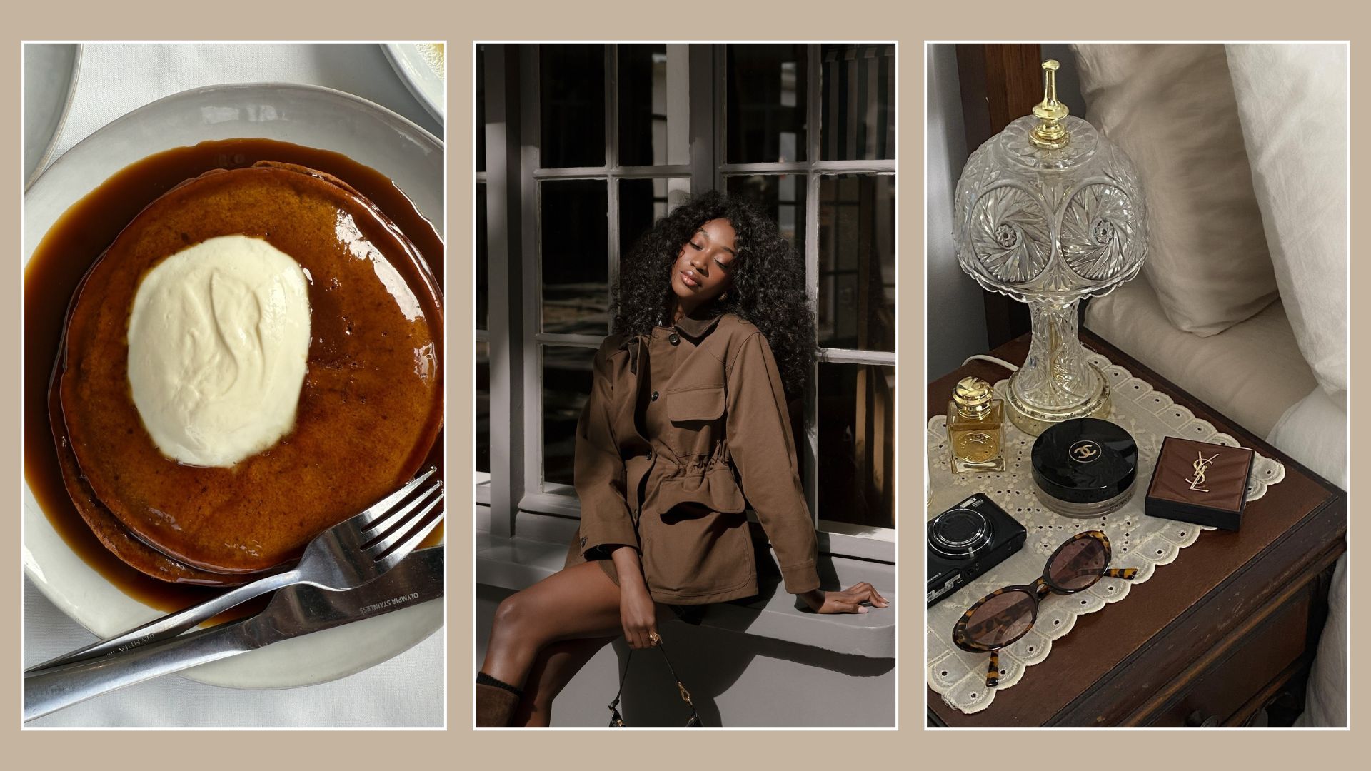 A picture of a sweet dessert, a woman wearing a brown trench coat and a bedside table with a gourmand perfume on top