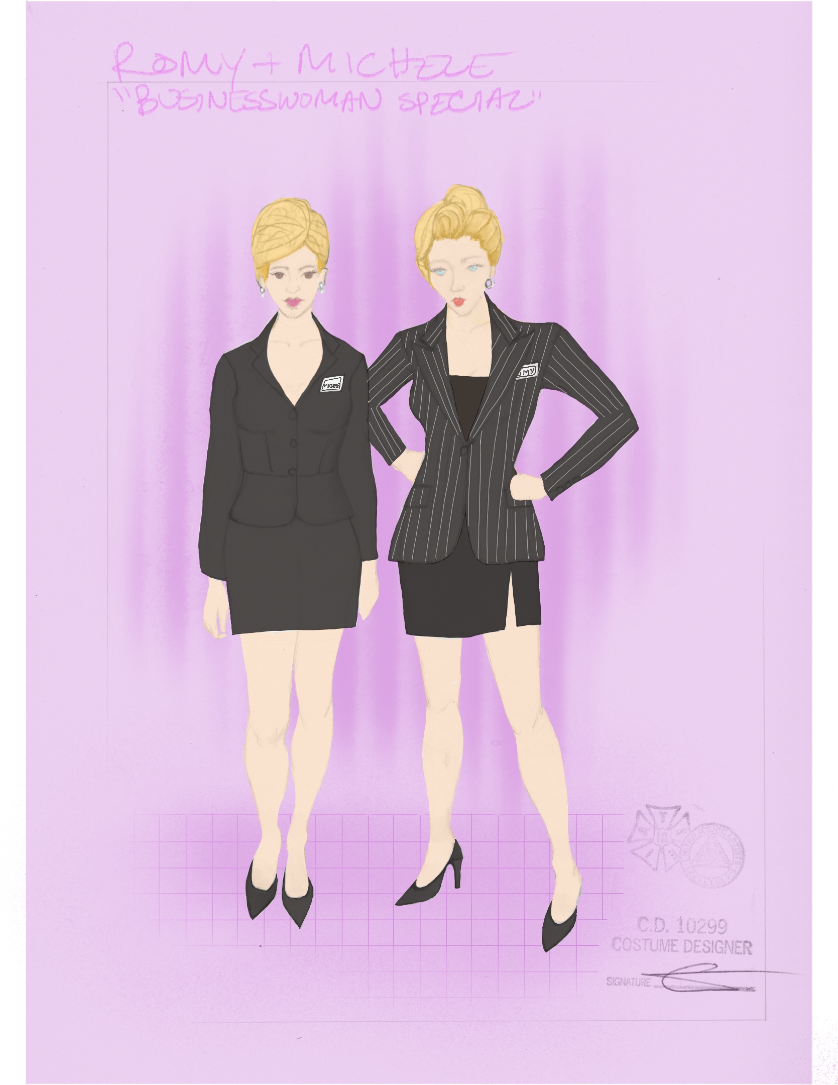 costume design sketches of romy and michele the musical featuring the girls in their business woman outfits