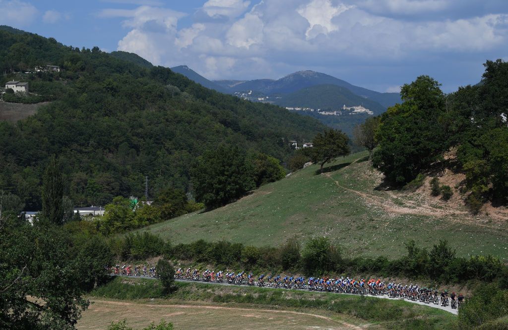 CASCIA ITALY SEPTEMBER 10 Peloton Landscape Mountains during the 55th TirrenoAdriatico 2020 Stage 4 a 194km stage from Terni to Cascia 645m TirrenAdriatico on September 10 2020 in Cascia Italy Photo by Justin SetterfieldGetty Images