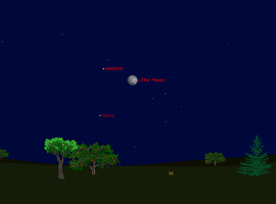 This sky map depicts how the &quot;Saturn Triangle&quot; of April will appear when Saturn, the nearly full moon and bright star Spica appear together in the night sky on April 16, 2011. 