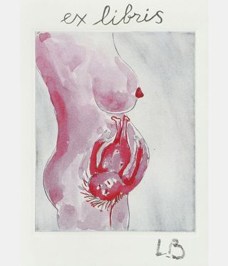 painting of baby in womb and woman's breast above