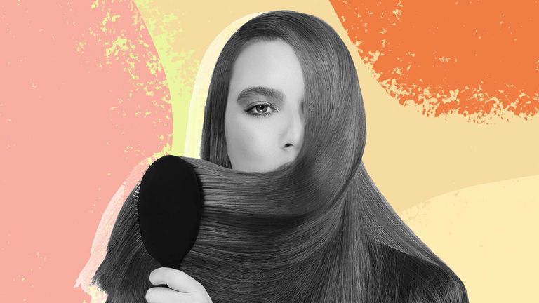 olaplex no 3 review: A collage image of a woman brushing her glossy hair on a colorful collage background