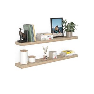 wood Miami Floating Shelf Set with accessories and plants on them 