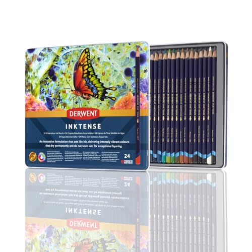 Derwent Inktense Permanent Watercolour Pencils, Set of 24 in a Tin, 4mm Premium Core, Water-Soluble, Ideal for Colouring, Painting and Crafting, Professional Quality (0700929),package May Vary