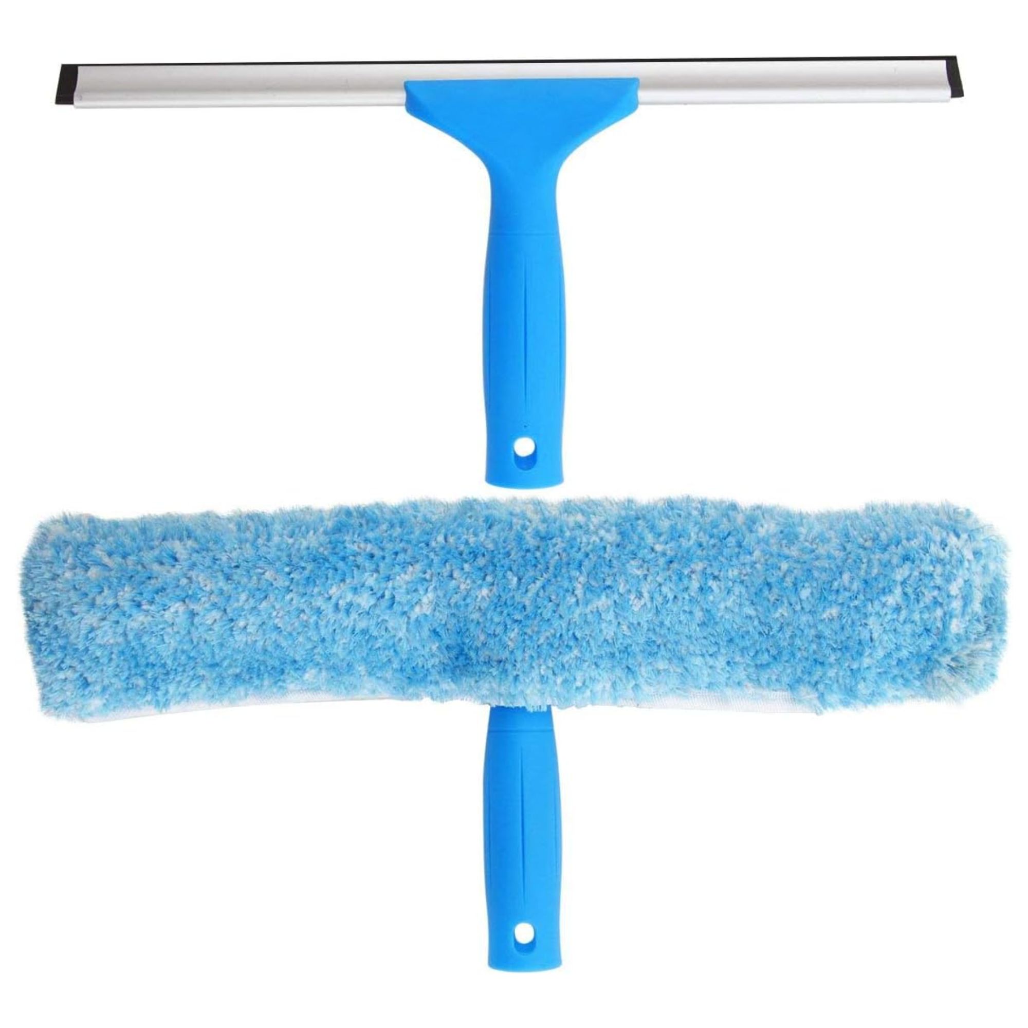 Blue window squeegee and microfiber window scrubber