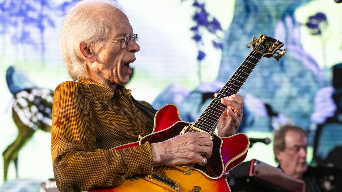 Steve Howe of YES performs at Michigan Lottery Amphitheatre on August 22, 2024 in Sterling Heights, Michigan. 