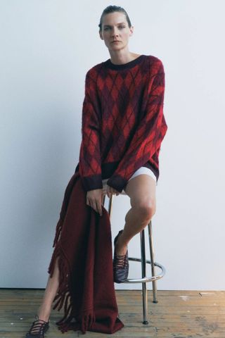 model wearing zara red diamond knit sweater