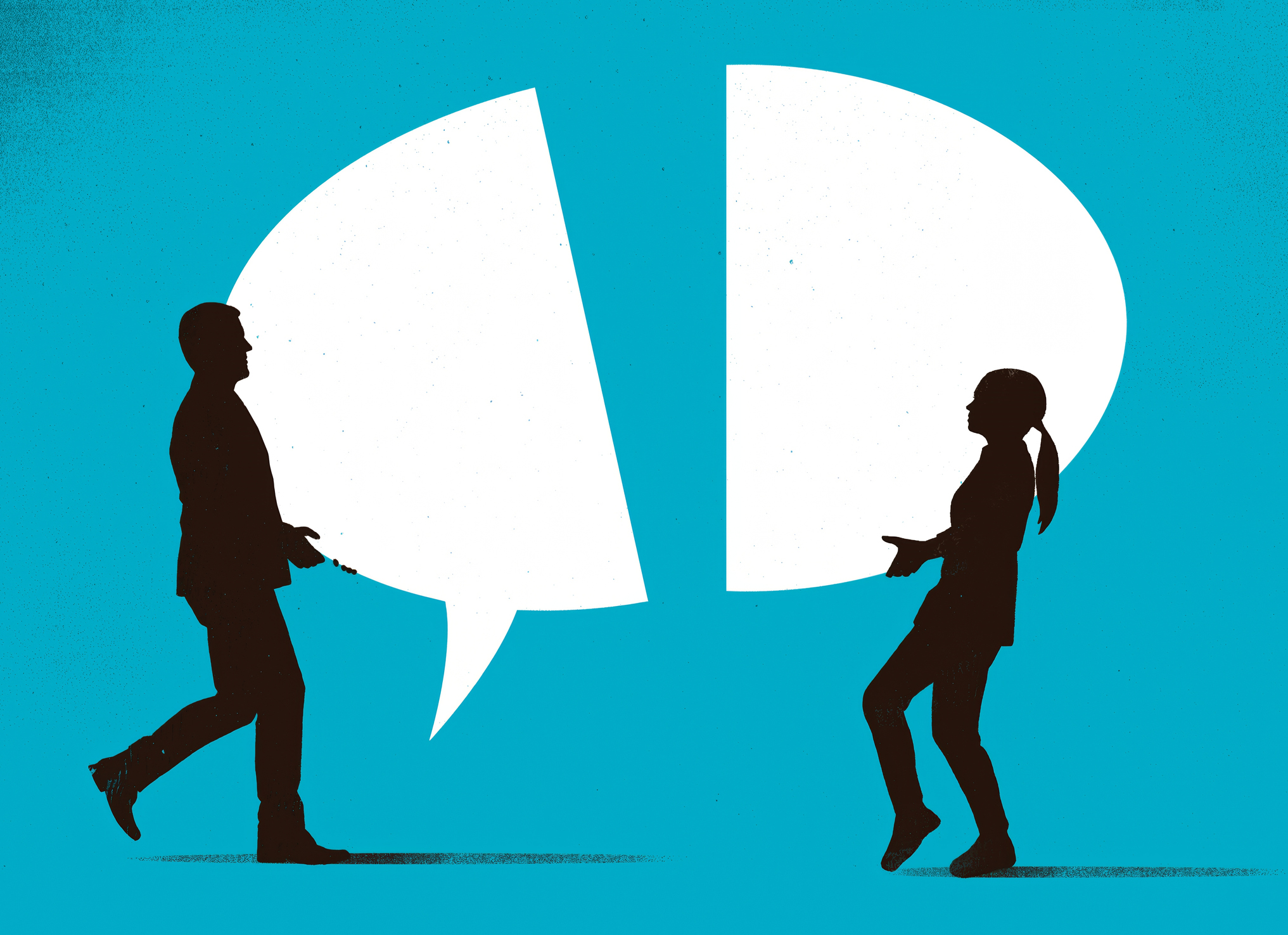 Two silhouetted figures stand on opposite sides of a broken speech bubble, symbolizing a dialogue that has been fractured. The bright blue background adds contrast and tension, emphasizing the gap between the individuals and their inability to bridge the divide.