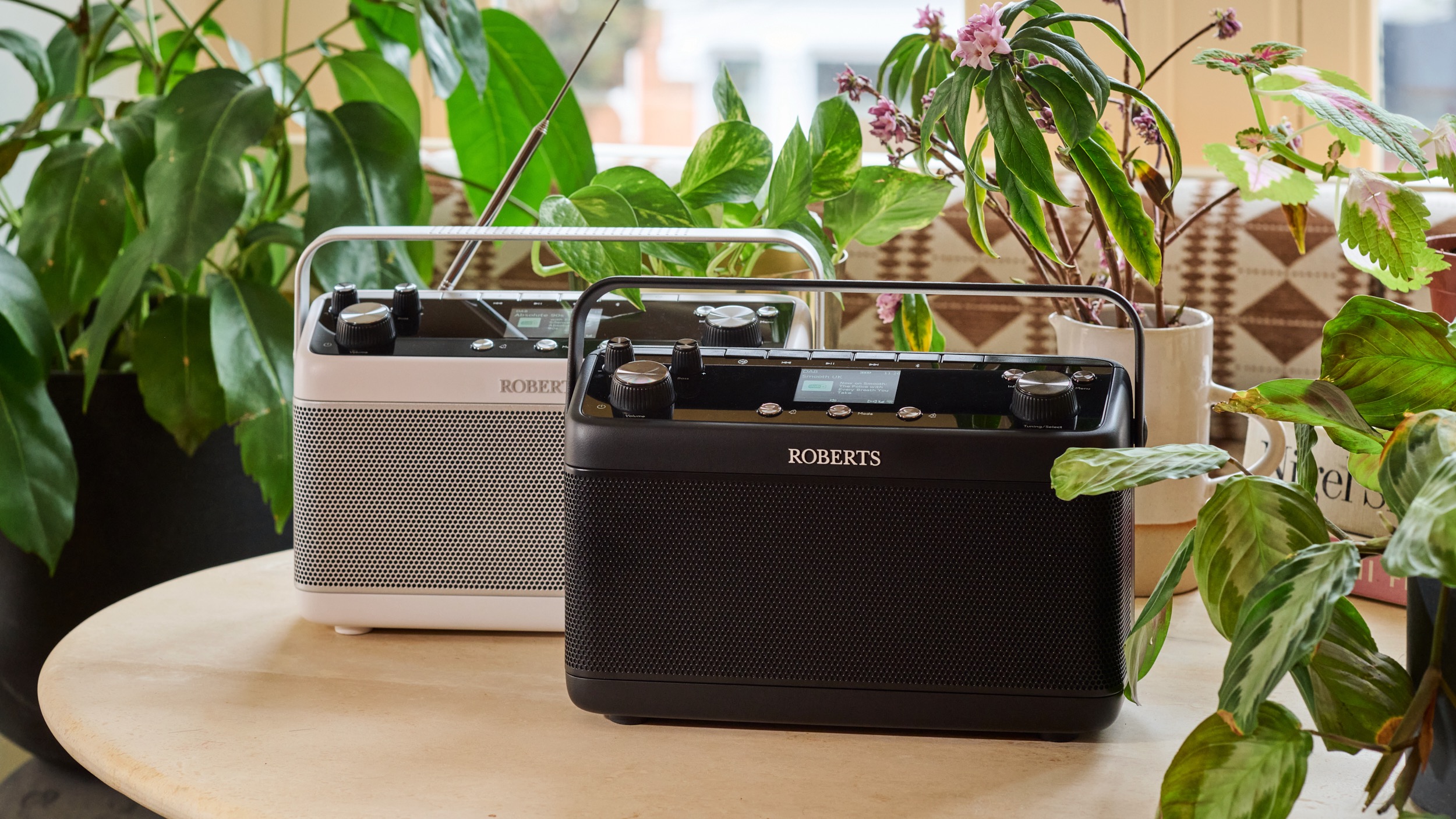 Two Roberts Bluetune 7 radios &amp;ndash; one black, one white &amp;ndash; on a table surrounded by pot plants.