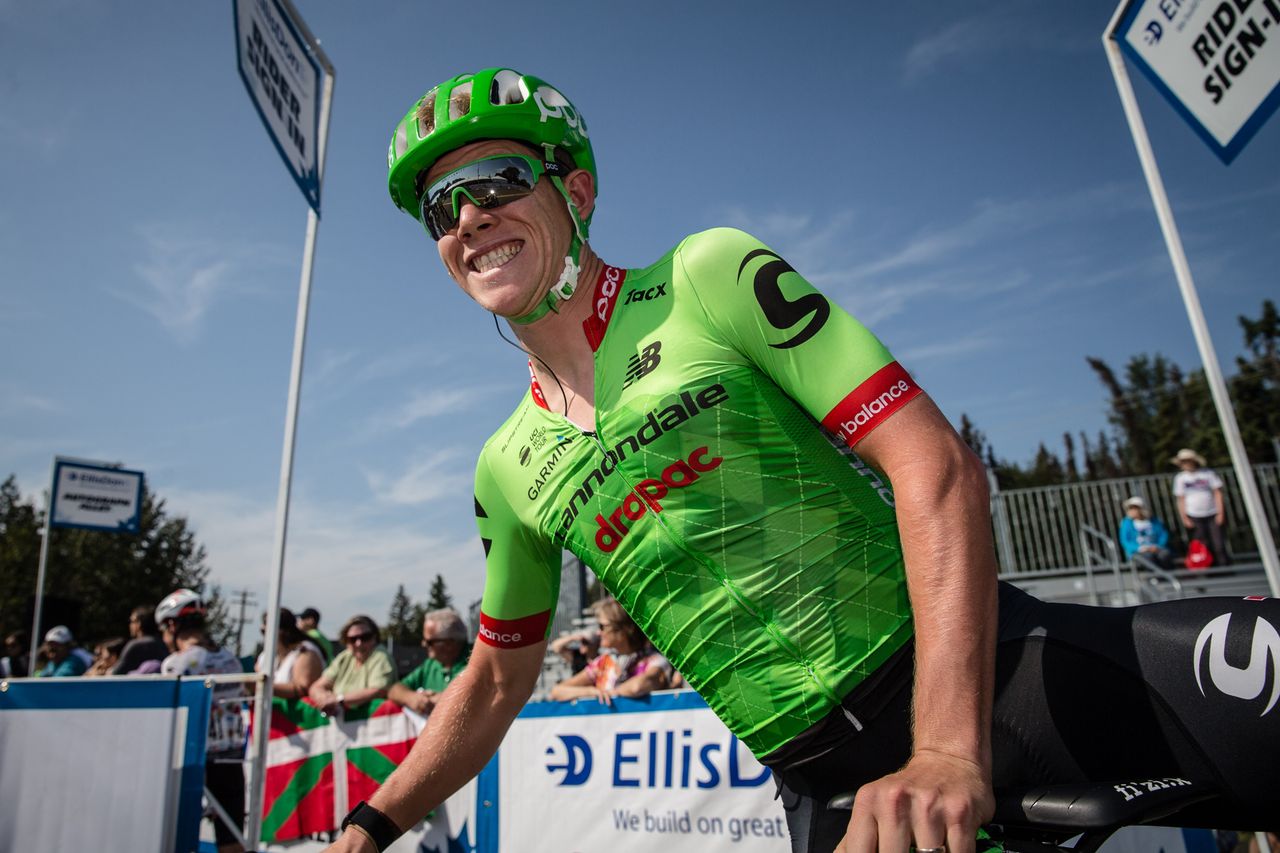 Lawson Craddock is all smiles before the start of stage 2 at the Tour of Alberta