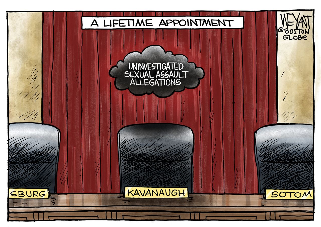 Political cartoon U.S. Brett Kavanaugh sexual assault allegation supreme court dark cloud