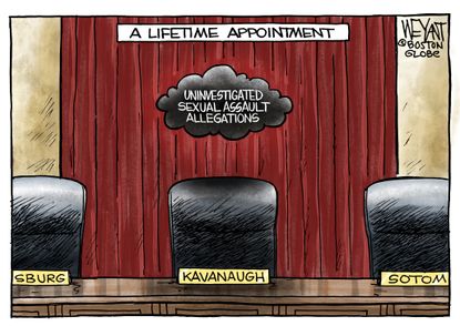 Political cartoon U.S. Brett Kavanaugh sexual assault allegation supreme court dark cloud
