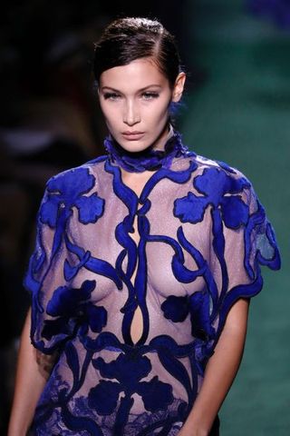 Fashion model, Fashion, Fashion show, Runway, Clothing, Electric blue, Cobalt blue, Beauty, Hairstyle, Haute couture,