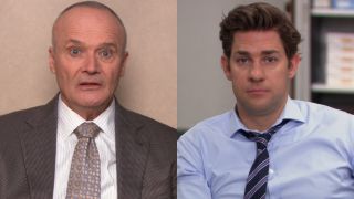 From L to R: Creed Bratton as Creed talking to the camera and John Krasinski as Jim looking disappointed at the camera on The Office.