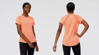 New Balance Impact Run Short Sleeve top worn by model, front and back views
