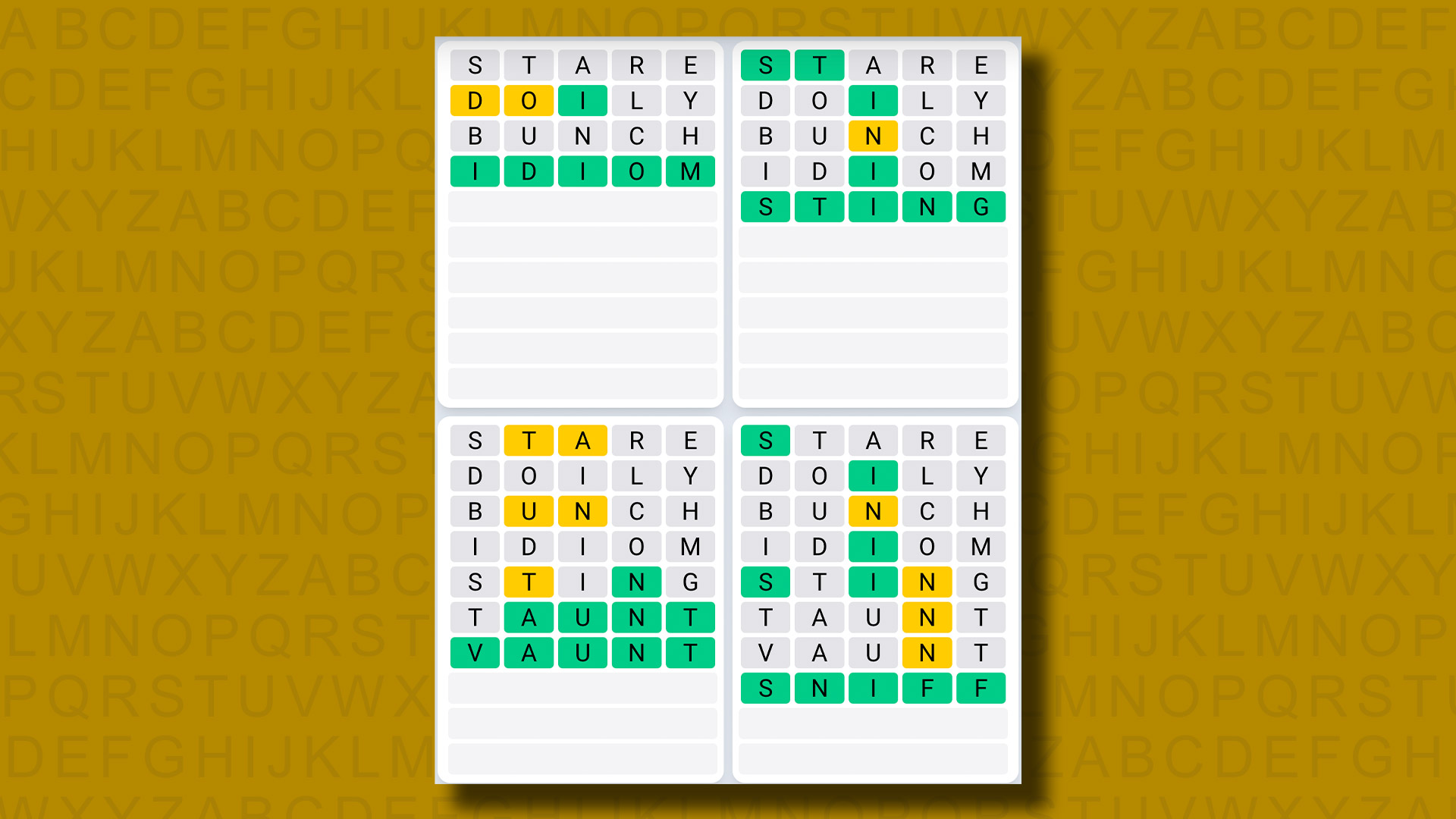 Quordle Daily Sequence Answers for Game 945 on Yellow Background