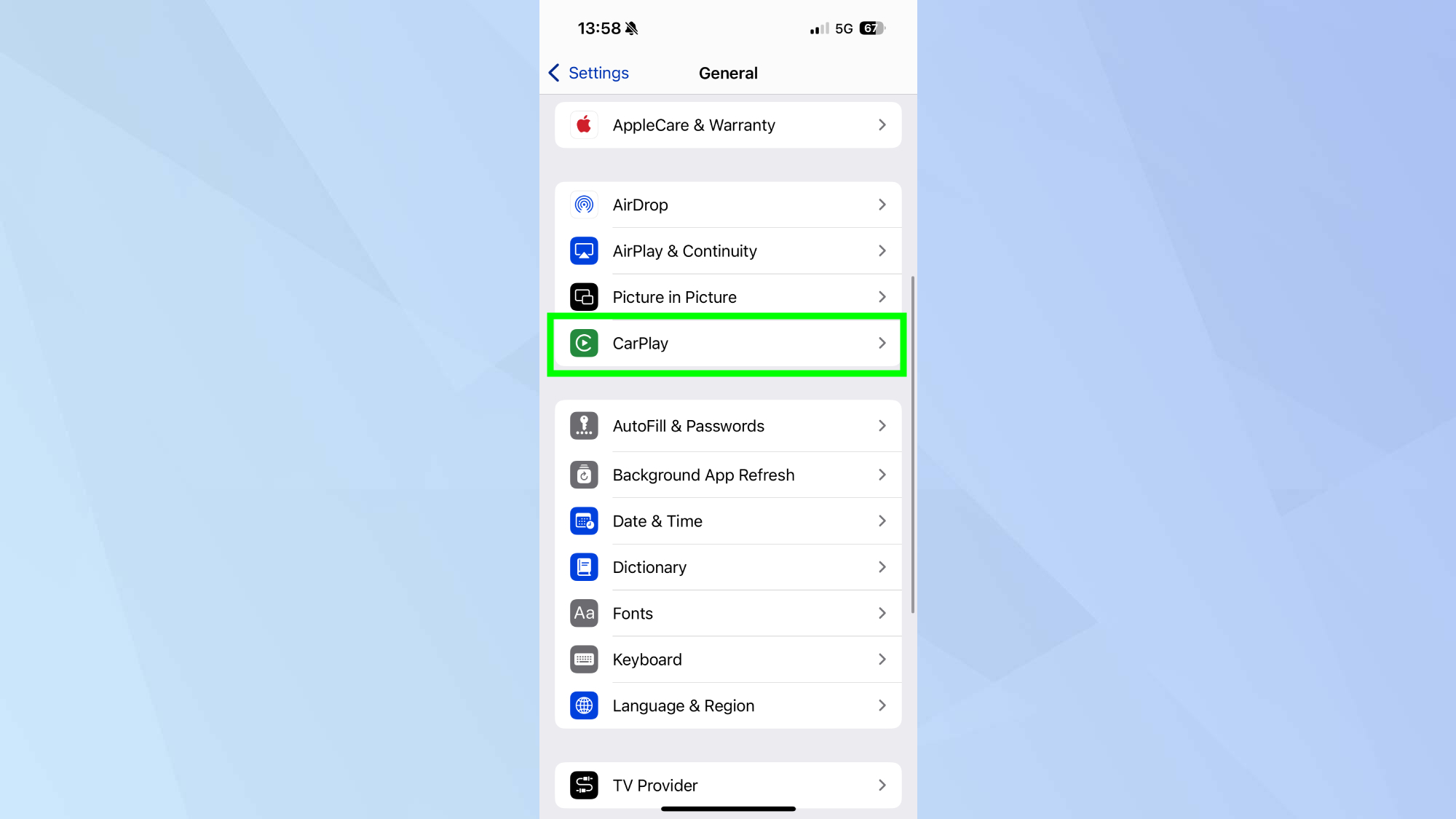 Apple CarPlay in Settings on iPhone