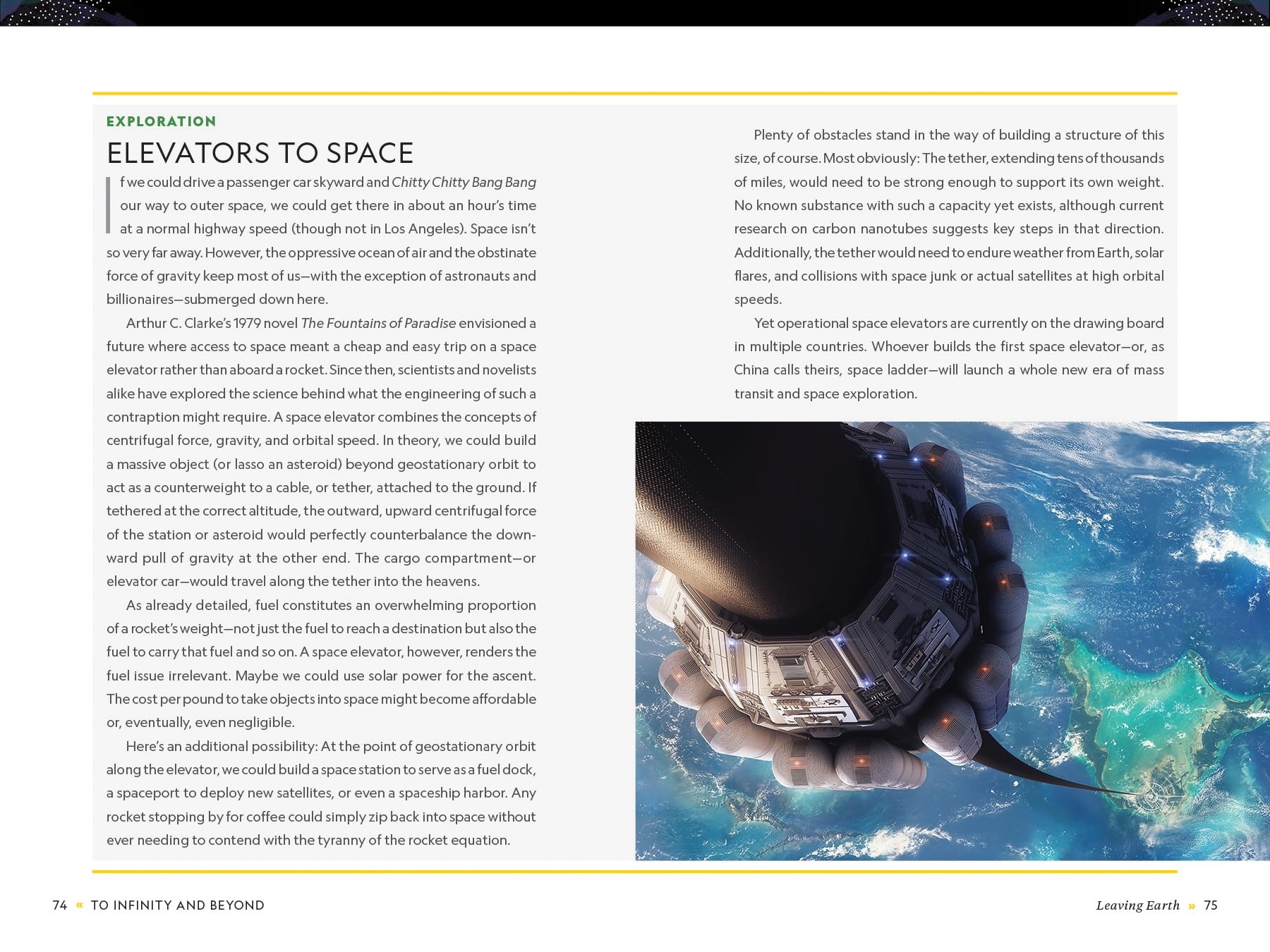 l'interno di un libro con l'illustrazione di un ascensore spaziale