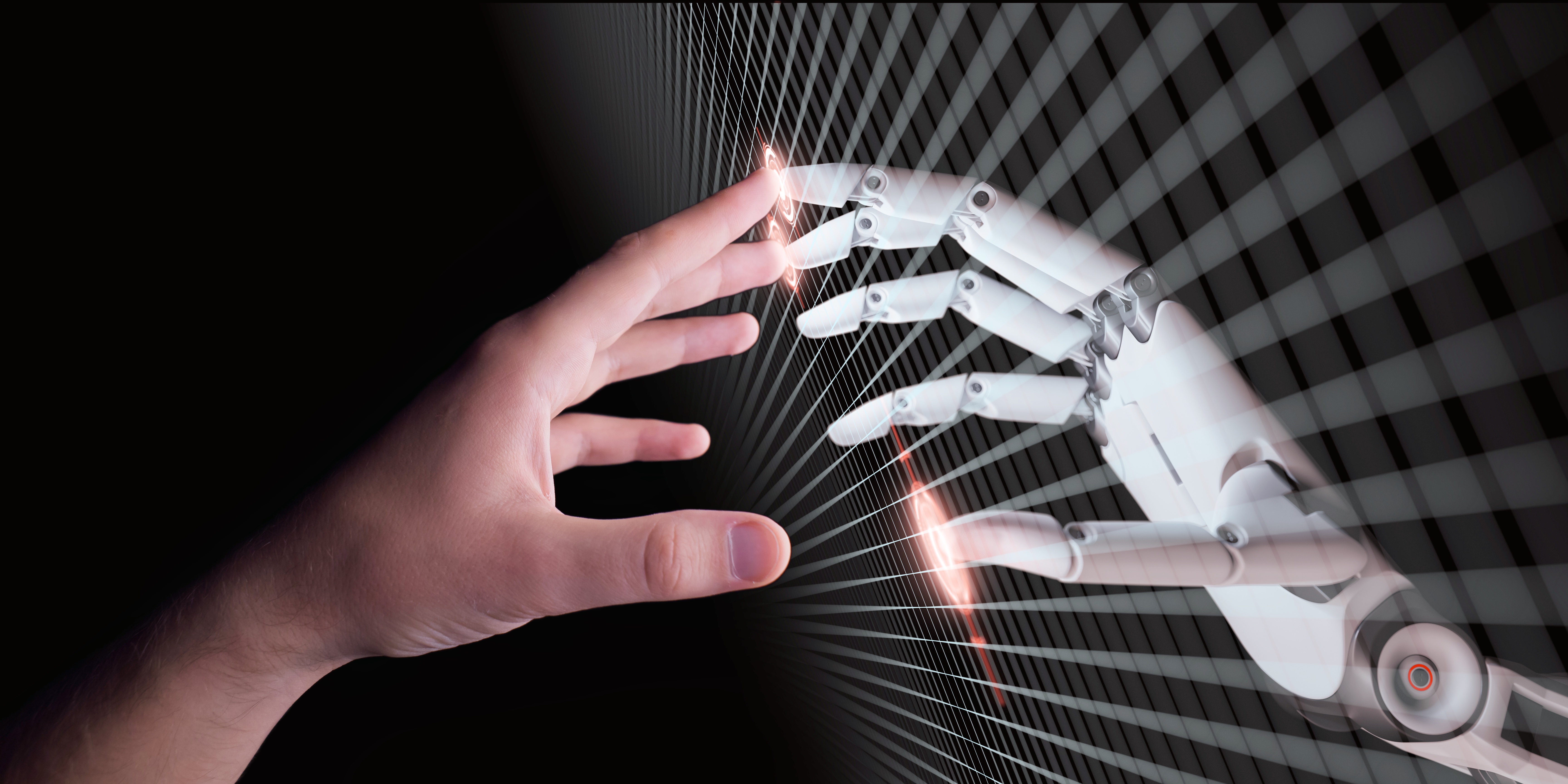 KI-Roboterhand berührt menschliche Hand
