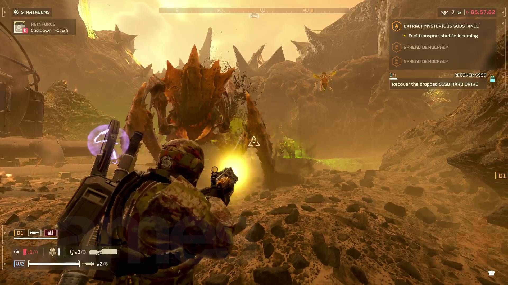 Helldivers 2 helldiver shooting a brood commander with a sickle