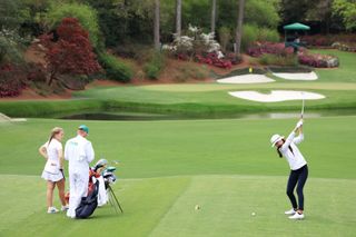 Anna Davis hits her tee shot on the 12th during the 2022 Augusta National Women's Amateur final round