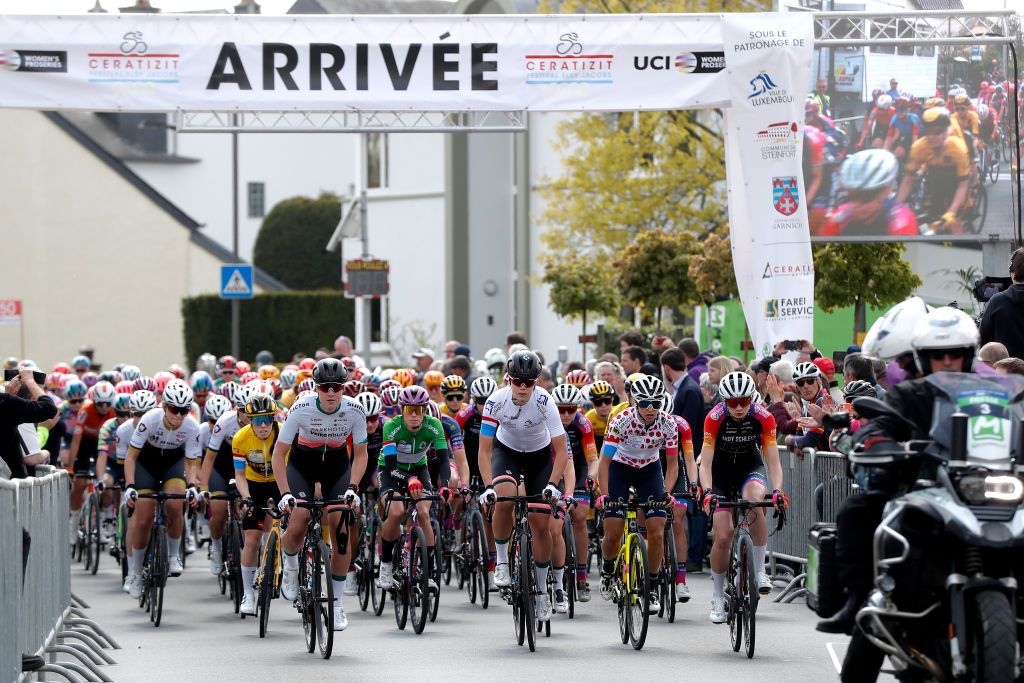 STEINFORT LUXEMBOURG APRIL 30 Demi Vollering of Netherlands and Team SD Worx Green Points Jersey Anna Henderson of United Kingdom and Jumbo Visma Women Team Yellow Leader Jersey Lieke Nooijen of Netherlands and Team Parkhotel Valkenburg White Best Young Rider Jersey and Silvia Persico of Italy and Team Valcar Travel Service Polka Dot Mountain Jersey prior to the 14th Ceratizit Festival Elsy Jacobs 2022 Stage 1 a 1214km stage from Steinfort to Steinfort felsy on April 30 2022 in Steinfort Luxembourg Photo by Bas CzerwinskiGetty Images
