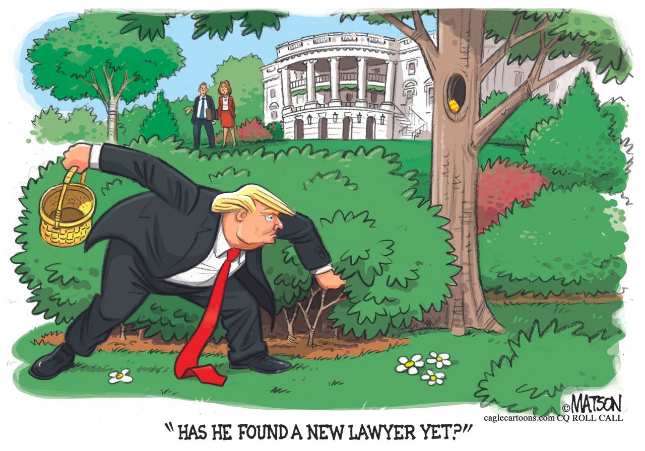 Political cartoon U.S. Trump White House Easter egg hunt Mueller lawyer FBI investigation