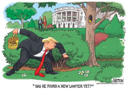 Political cartoon U.S. Trump White House Easter egg hunt Mueller lawyer FBI investigation