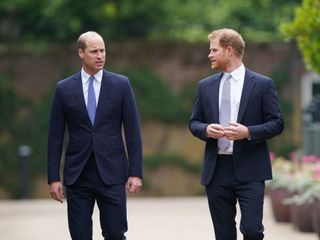 Prince William, Duke of Cambridge (left) and Prince Harry, Duke of Sussex arrive for the unveiling of a statue they commissioned of their mother Diana, Princess of Wales