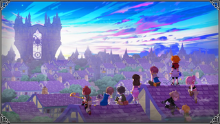 Capture d'écran de Kingdom Hearts Union X montrant des joueurs assis sur un toit regardant le coucher du soleil.